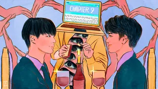 Illustration of two men, a figure with eyes, and a laptop by Koalanov