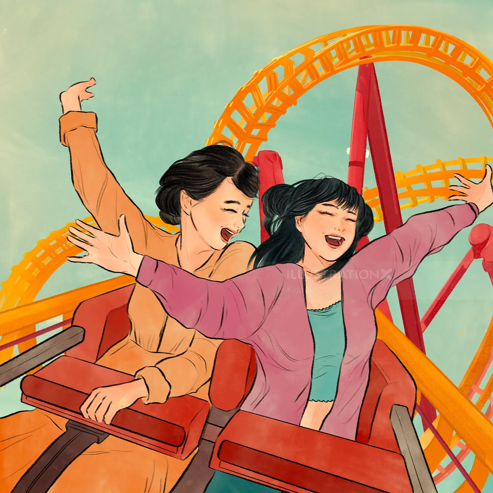 Young couple joyfully riding a roller coaster, artwork by Koalanov
