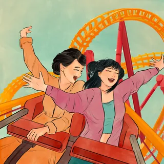 Young couple joyfully riding a roller coaster, artwork by Koalanov