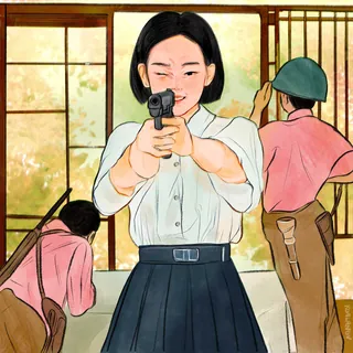 Girl pointing gun indoors wearing white blouse and black skirt by Koalanov