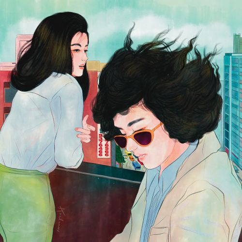 Two people on a rooftop in Taipei with city buildings in background by Koalanov