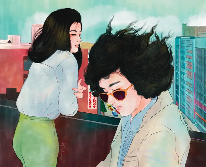 Two people on a rooftop in Taipei with city buildings in background by Koalanov