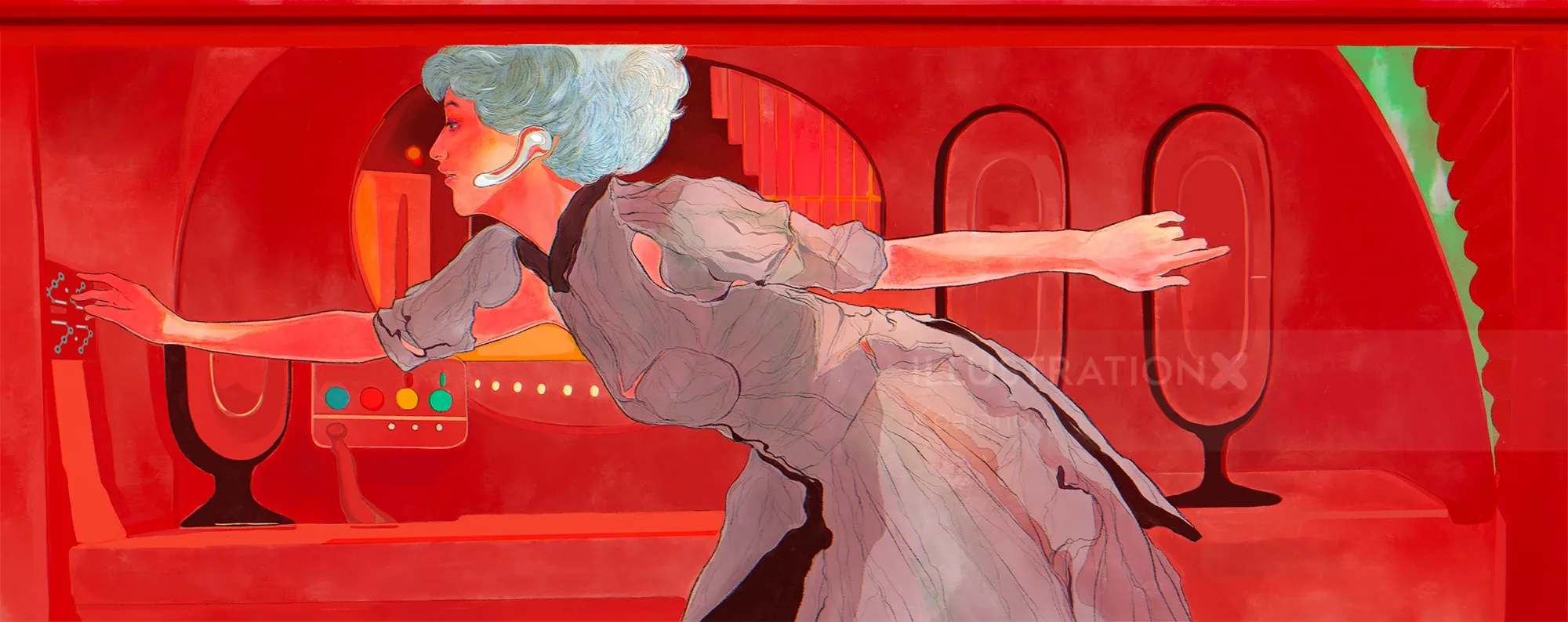 Woman with gray hair dancing in a red futuristic room by Koalanov