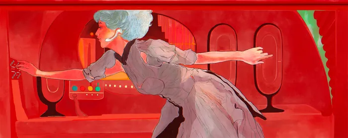 Woman with gray hair dancing in a red futuristic room by Koalanov