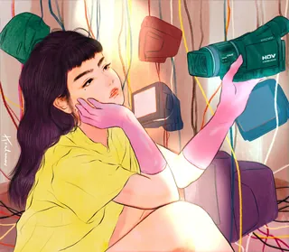 Woman in yellow shirt holding a vintage camcorder, digital artwork by Koalanov