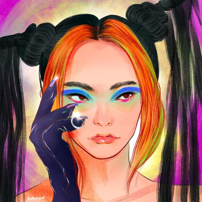 Digital portrait of Rina Sawayama with vibrant makeup and black gloves by Koalanov
