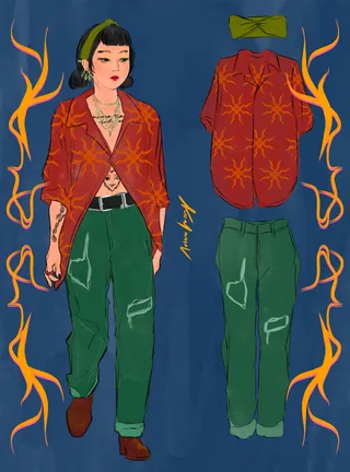 Fashion illustration of a woman in red jacket and green pants by Koalanov