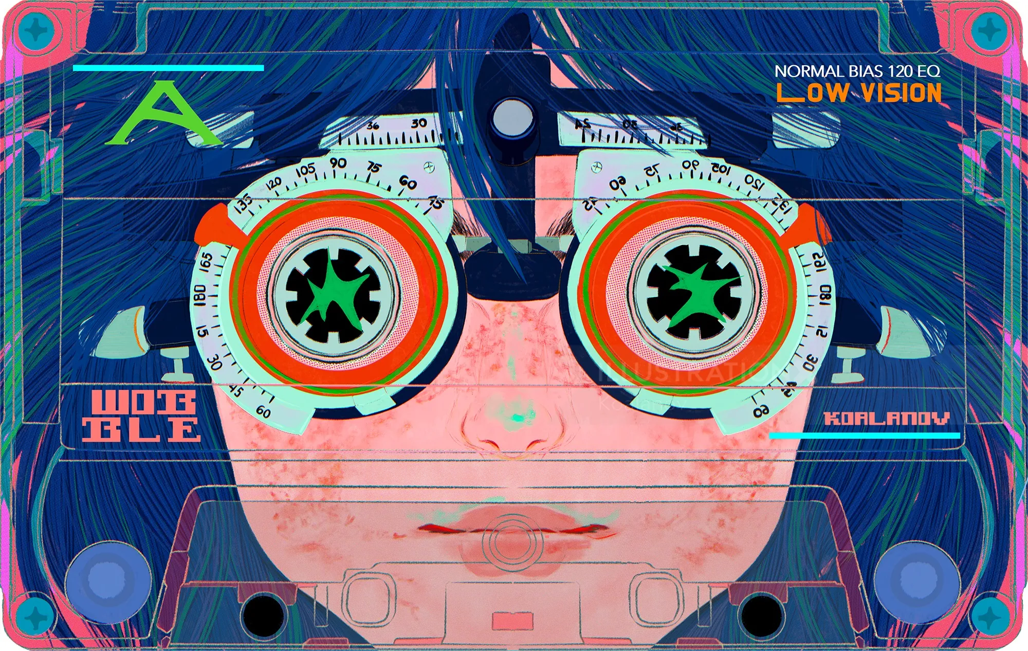 Digital art of a face wearing cassette tape glasses by Koalanov