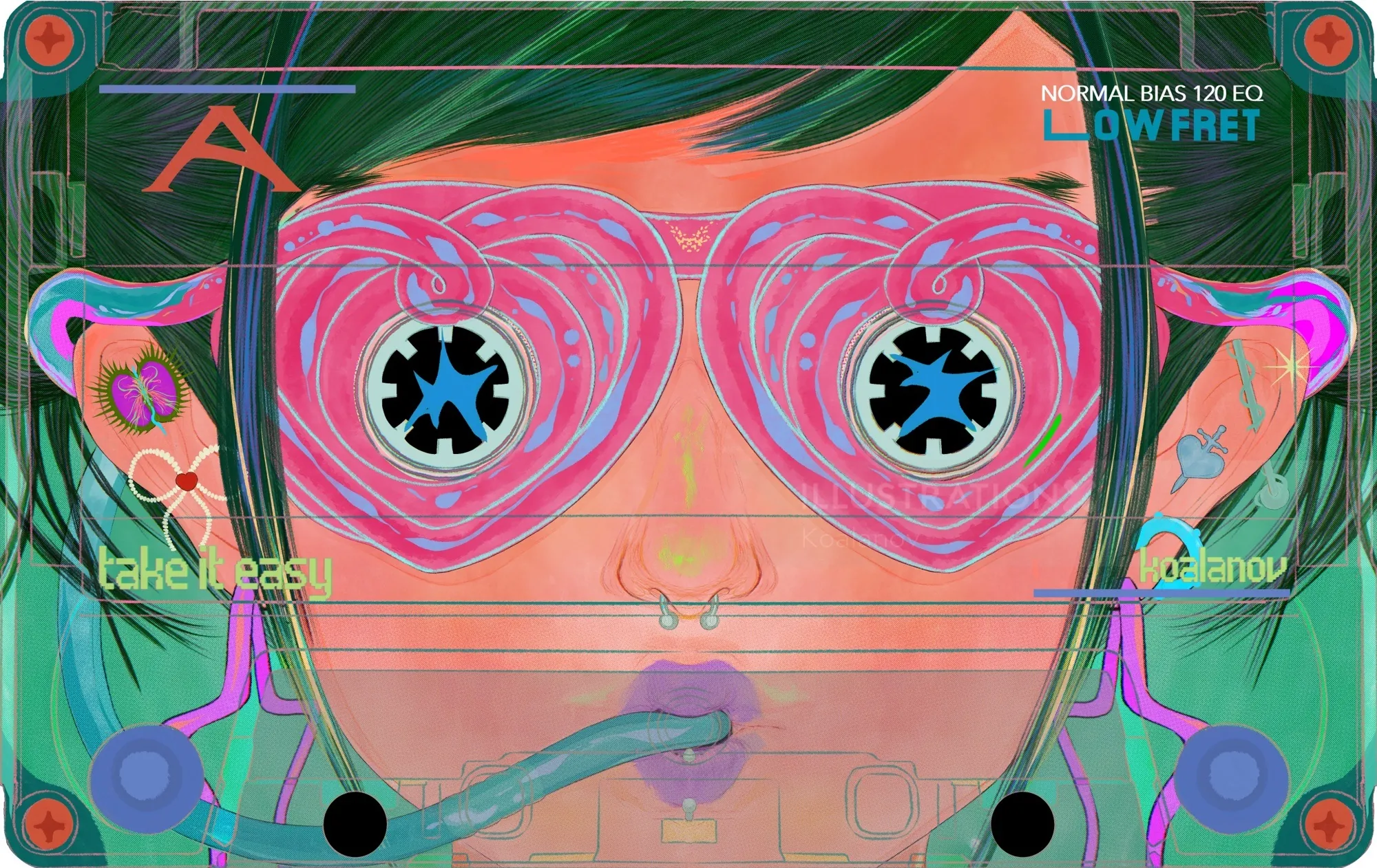 Person wearing pink heart-shaped glasses with neon lighting effects.