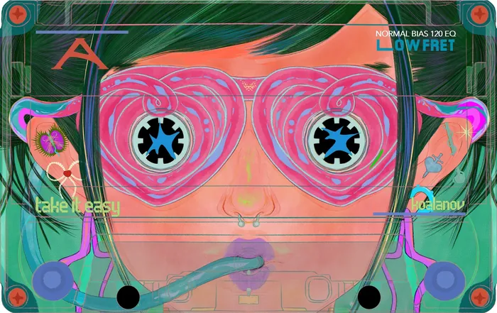 Person wearing pink heart-shaped glasses with neon lighting effects.