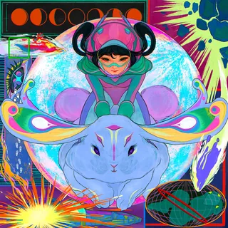 Colorful artwork of girl riding large rabbit with moon background