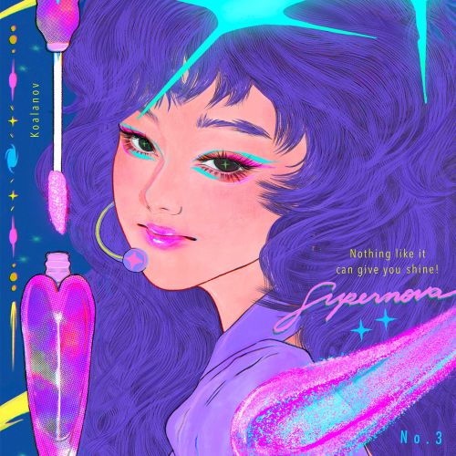 Digital art of girl with purple hair and glowing cosmic elements