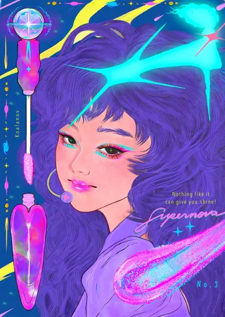 Digital art of girl with purple hair and glowing cosmic elements