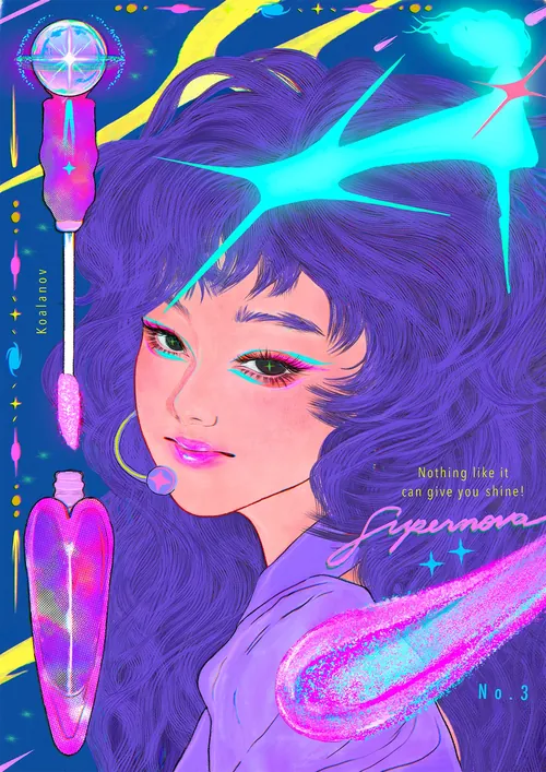 Digital art of girl with purple hair and glowing cosmic elements
