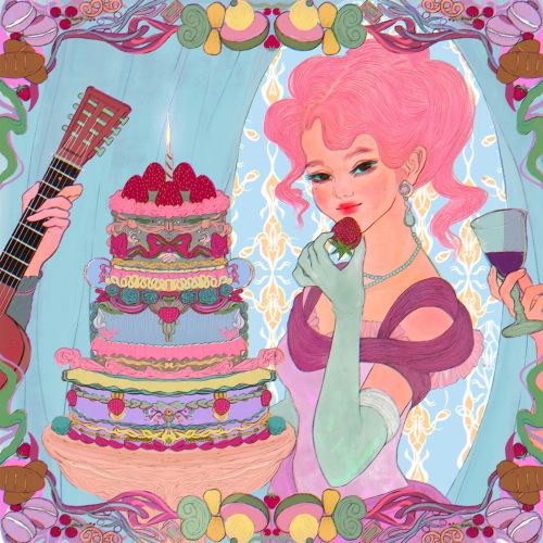 Illustration of woman with pink hair holding strawberry near cake and wine glass