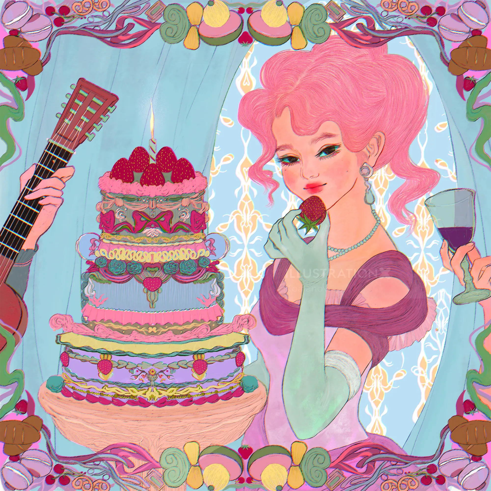 Illustration of woman with pink hair holding strawberry near cake and wine glass