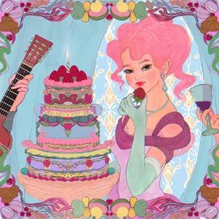 Illustration of woman with pink hair holding strawberry near cake and wine glass