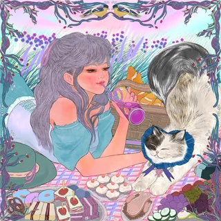 Woman with purple hair drinking juice surrounded by desserts and a cat