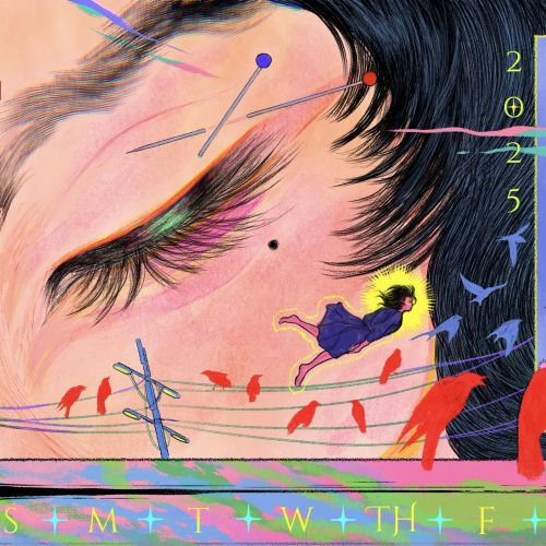 Illustration of a sleeping face with calendar elements and birds in Feb 2025