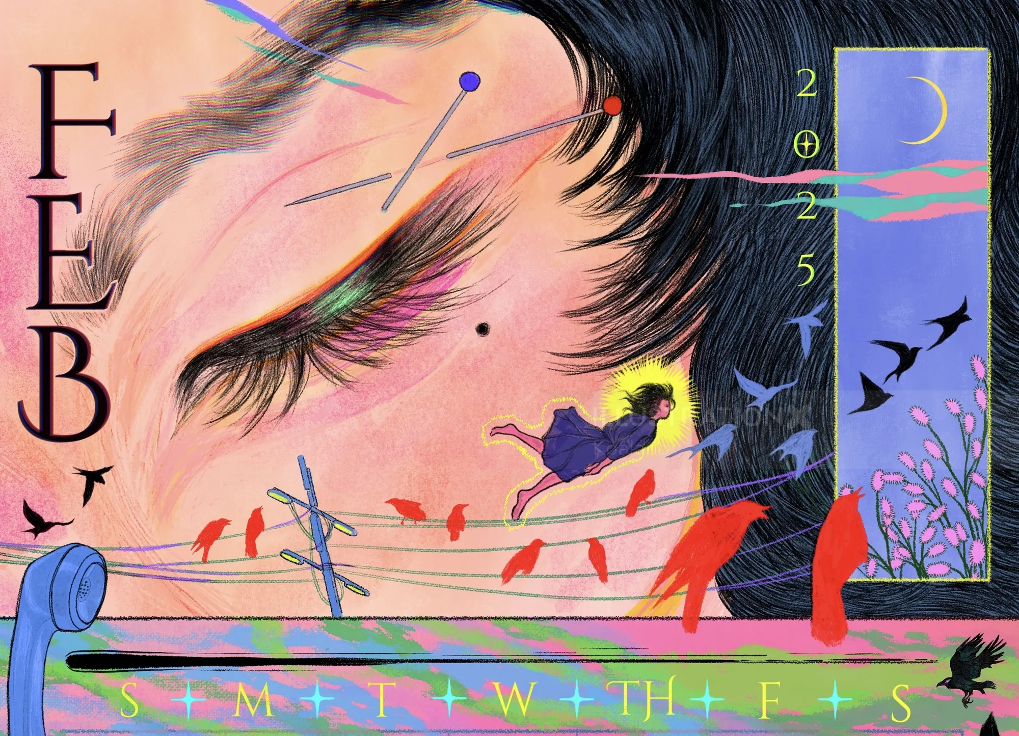 Illustration of a sleeping face with calendar elements and birds in Feb 2025