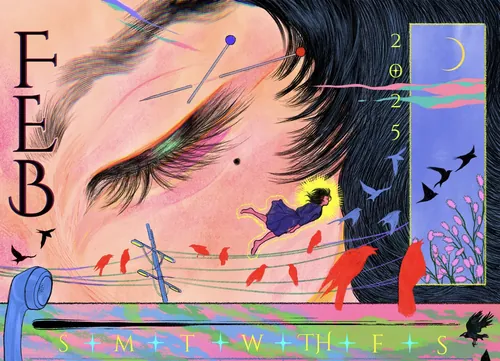 Illustration of a sleeping face with calendar elements and birds in Feb 2025
