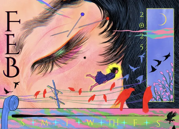 Illustration of a sleeping face with calendar elements and birds in Feb 2025