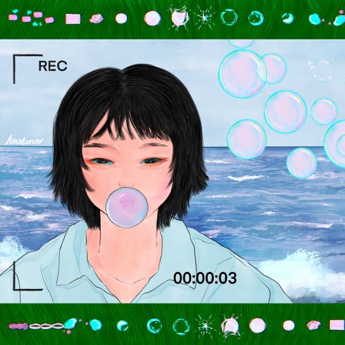 Illustration of person blowing bubblegum bubbles by the ocean