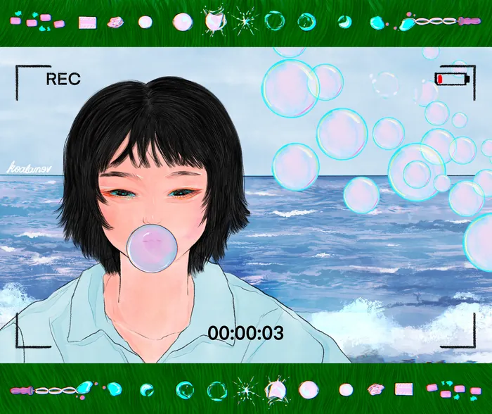 Illustration of person blowing bubblegum bubbles by the ocean