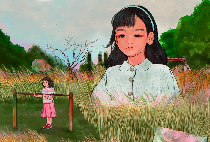 Animated girl standing near swing in grassy field with large girl portrait