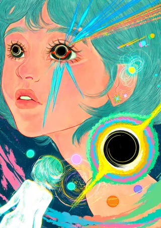 Surreal portrait with cosmic elements and vibrant colors