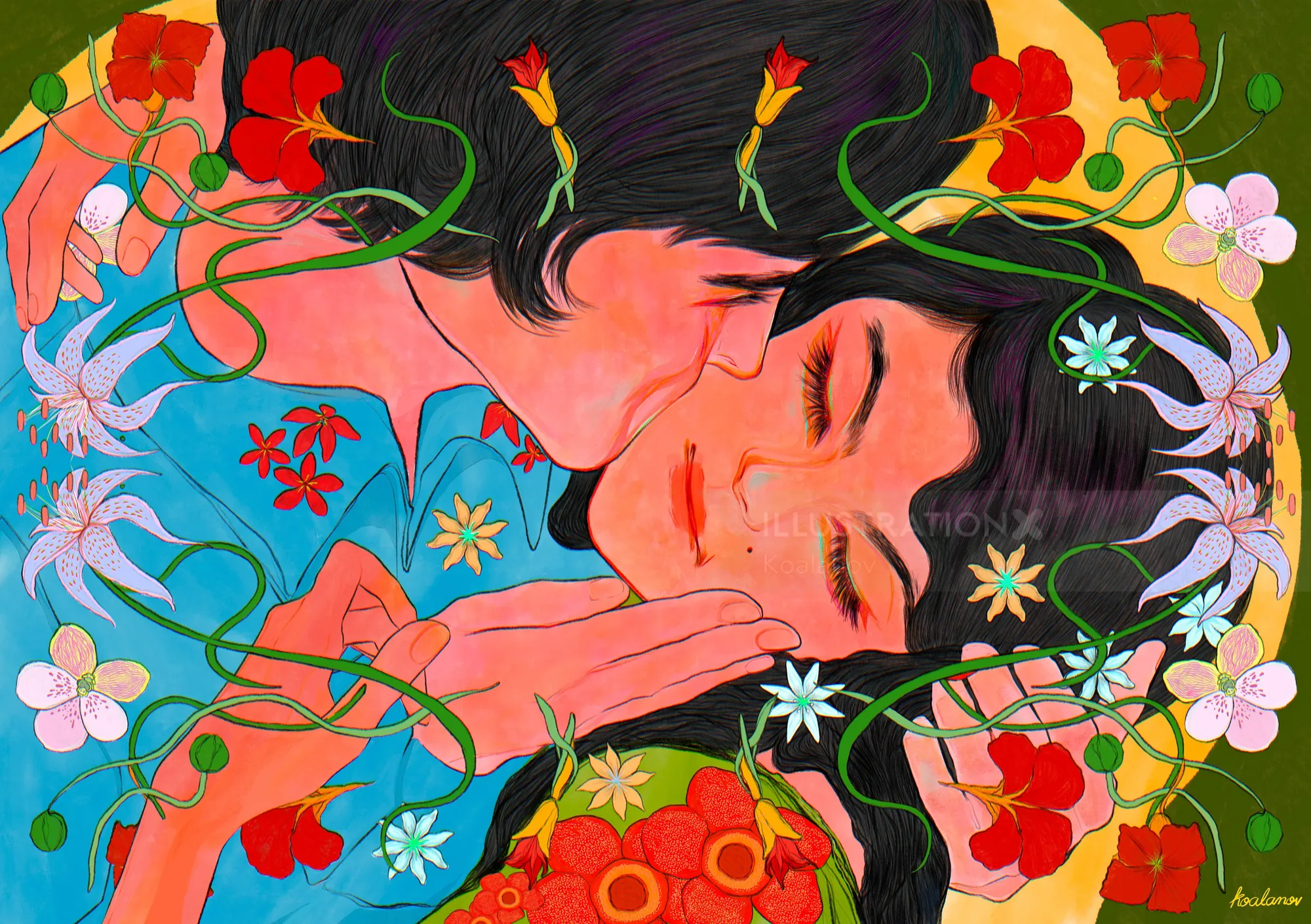Two people embracing surrounded by colorful flowers, by Koalanov