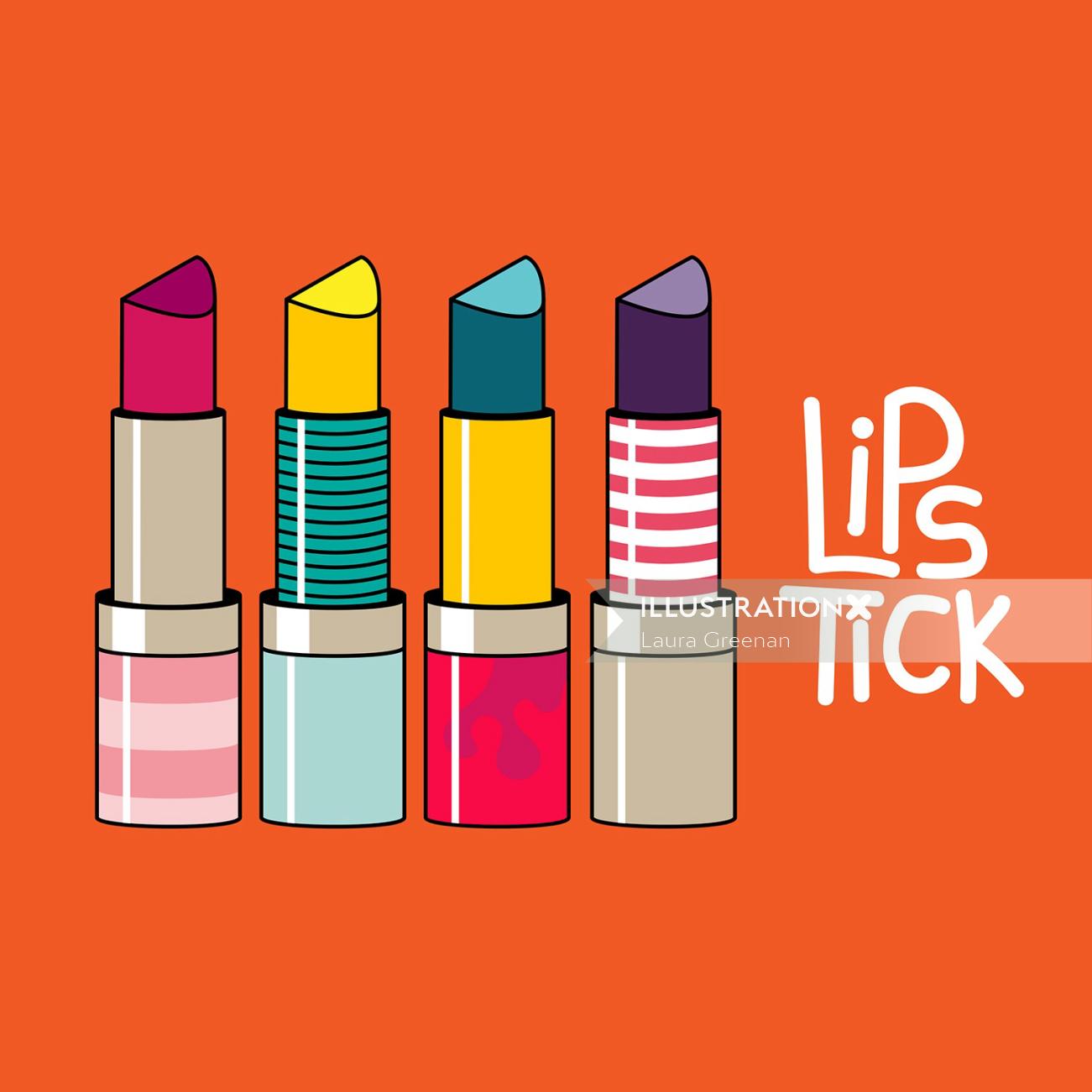 A spot illustration of some colourful and patterned lipstick cases.