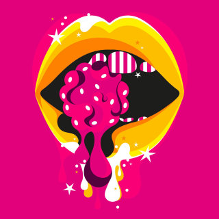 Diseño pop-art de unos labios brillantes comiendo una jugosa frambuesa.