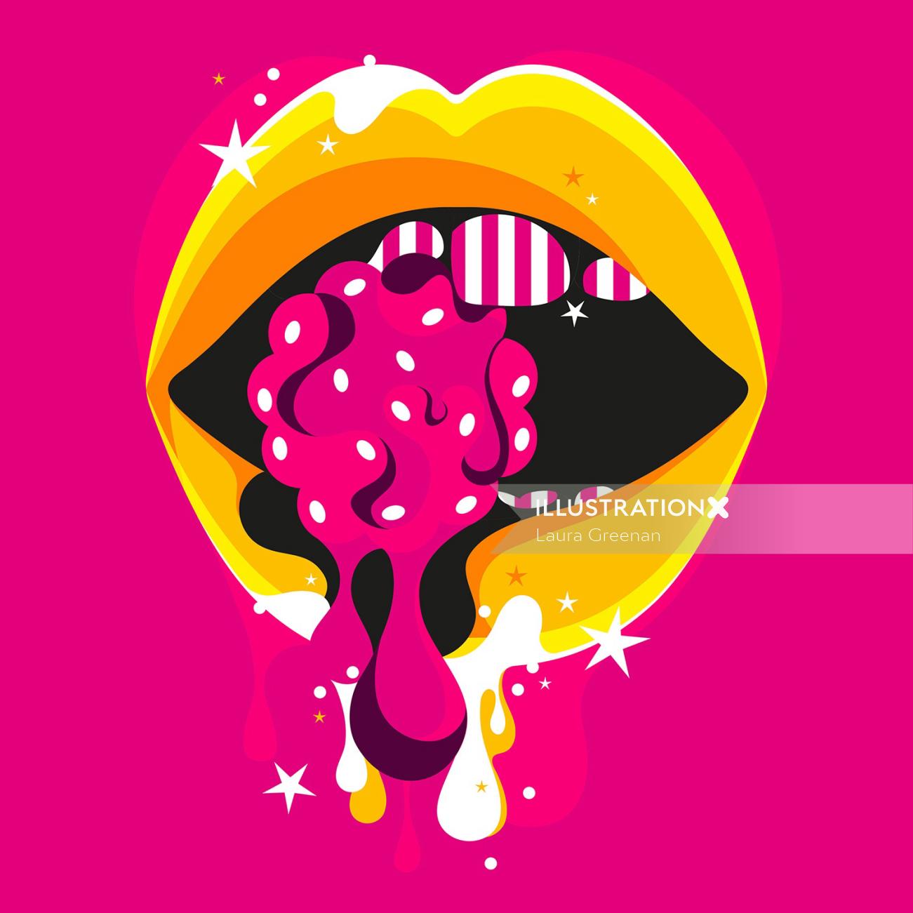 ジューシーなラズベリーを食べるいくつかの光沢のある唇のポップアートデザイン