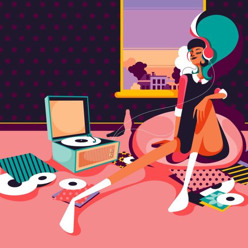 60s style female figure with a retro hairstyle reclining in a room.