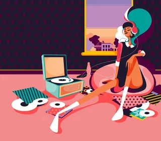 60s style female figure with a retro hairstyle reclining in a room.