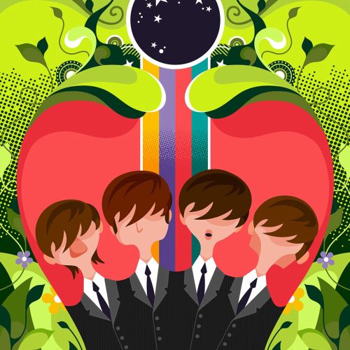 A stylised illustration of The Beatles within a jungle like scene.