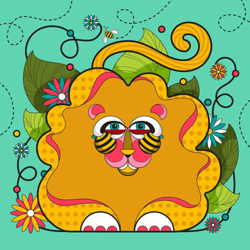 Stylised lion with swirling plants, flowers and bee.