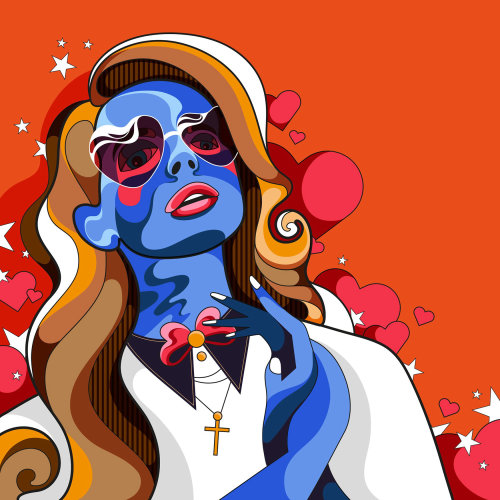 Psychedelic style portrait of musician Lana Del Rey with flowing hair