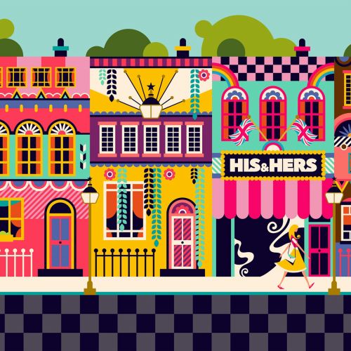 A bright and colourful London street done in a pop art style
