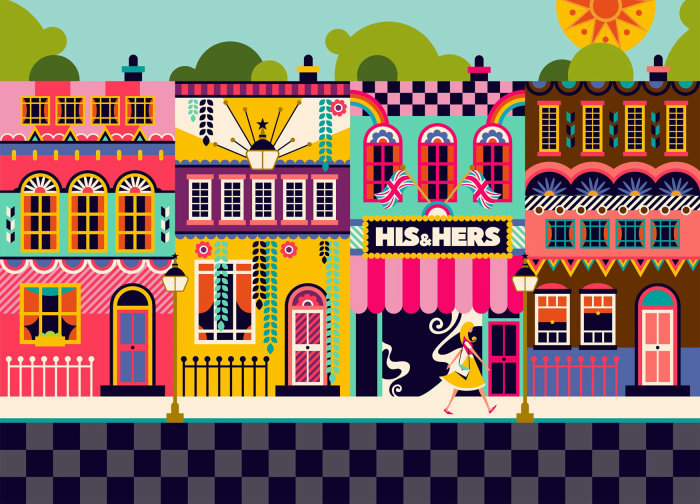 A bright and colourful London street done in a pop art style