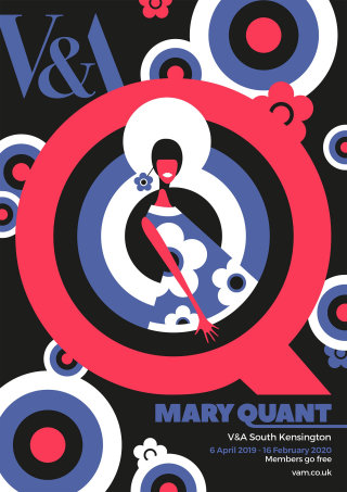 Diseños de carteles para una exposición de la diseñadora de moda de los años 60 Mary Quant.