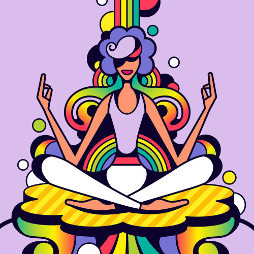 Ilustração de estilo anos 60 pop art de uma mulher praticando ioga.