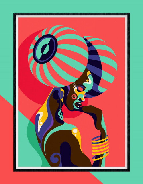 Um retrato de estilo pop art colorido e divertido de uma mulher de pele escura.