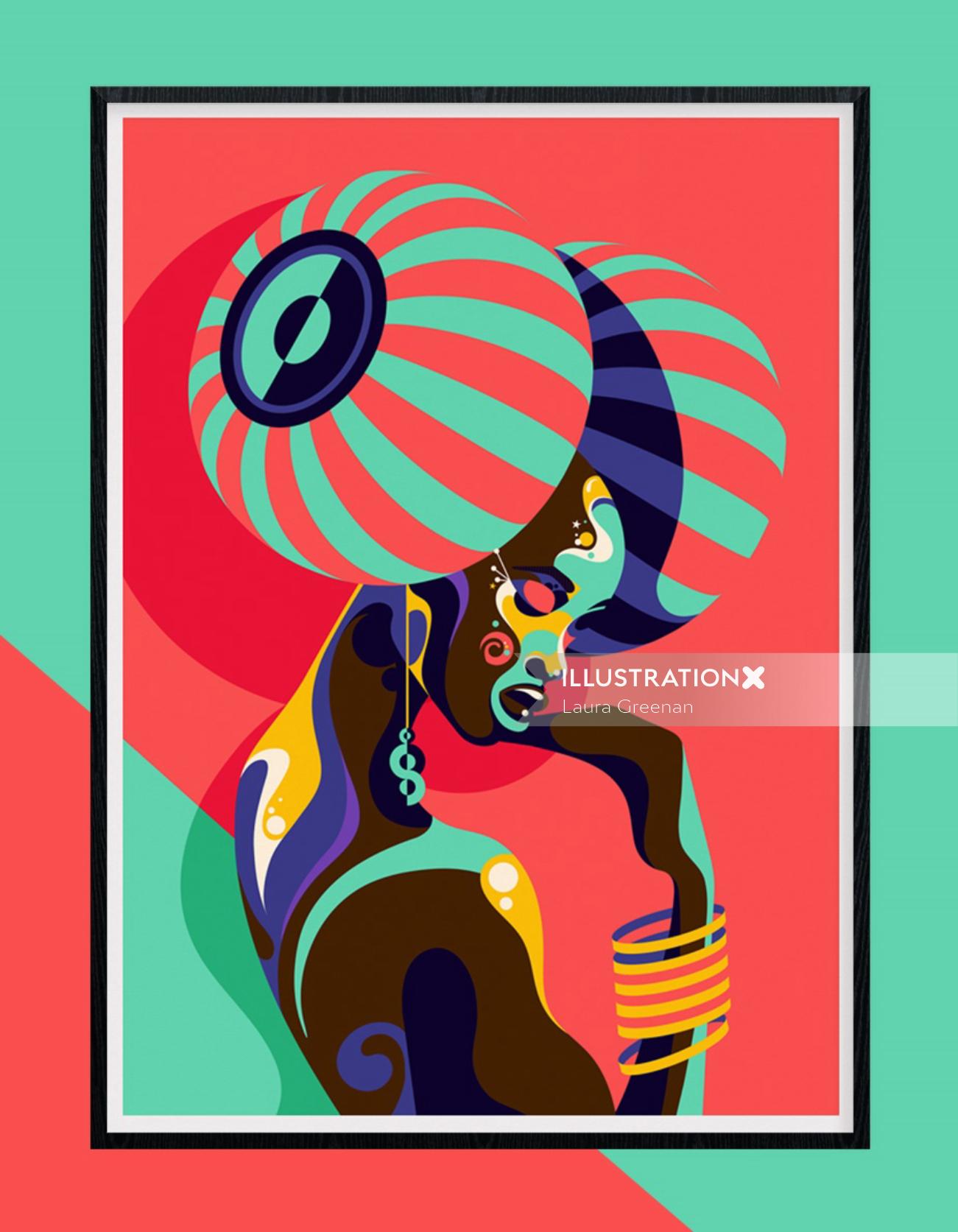 A colourful and fun pop art style portrait of a dark skinned woman.