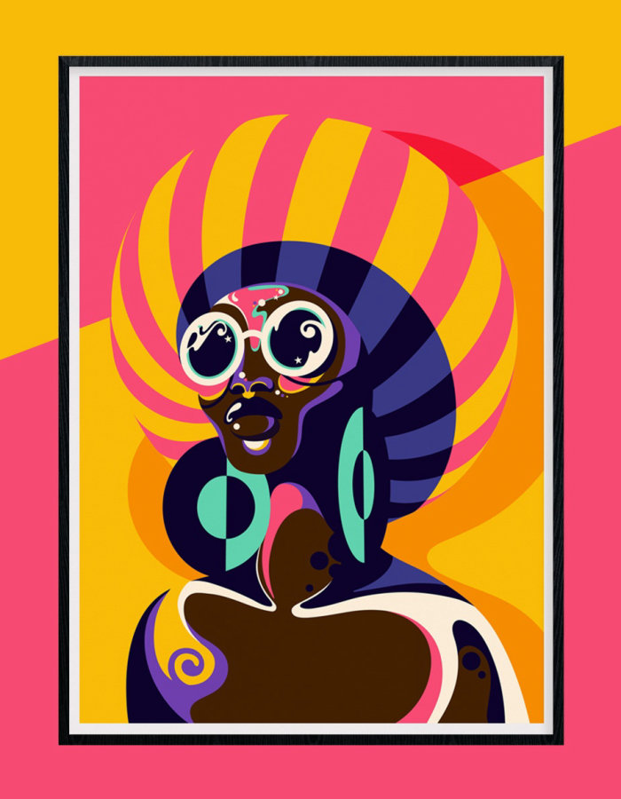 A colourful and fun pop art style portrait of a dark skinned woman.