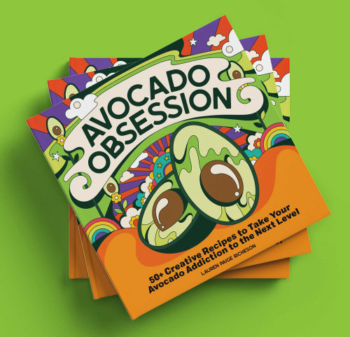 Fun, colourful, vibrant, retro, psychedelic, 60s, pop art style front cover for Avocado Obsession.