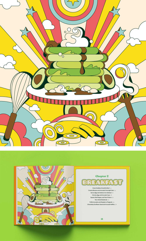 Divertido, colorido, vibrante, retro, psicodélico, anos 60, página de café da manhã no estilo pop art para Avocado Obsession