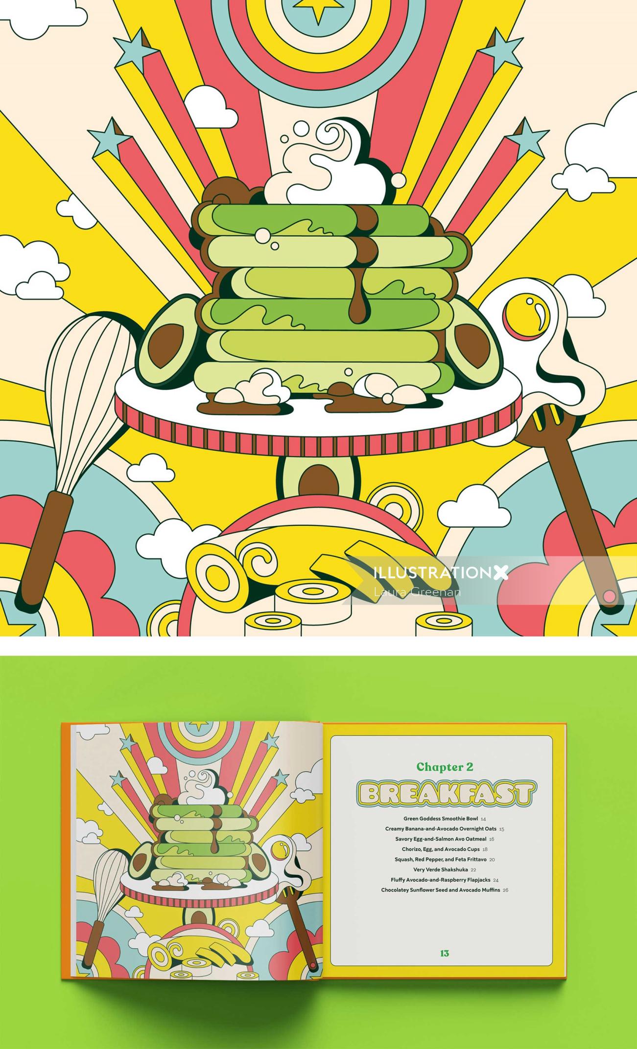 アボカド オブセッションのポップアート スタイルの朝食ページ