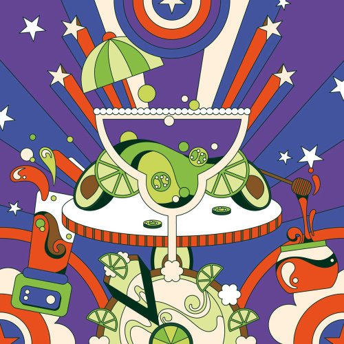 Fun, colourful, vibrant, retro, psychedelic, 60s, pop art style dessert page for Avocado Obsession.
